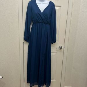 𝅺PinkBlush Maternity Dress long sleeve chiffon maxi navy blue VNeck slit front